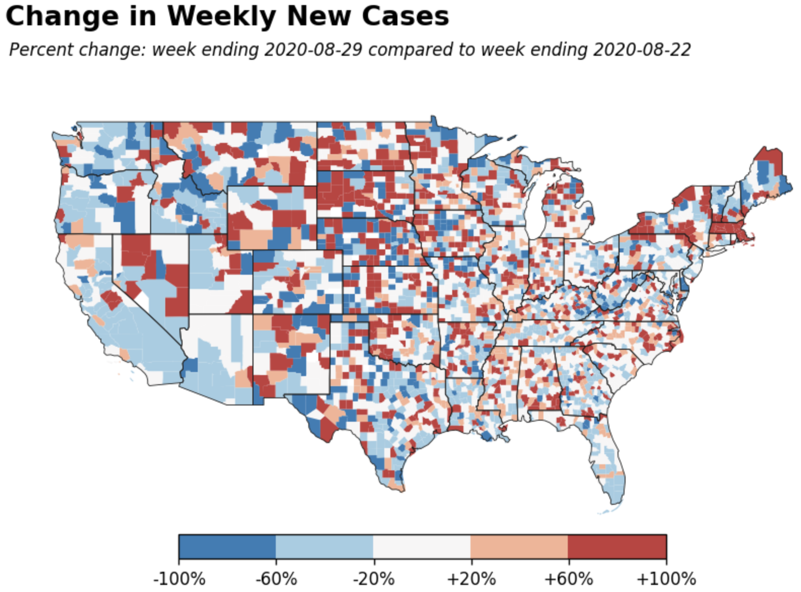 Weekly change: positive cases by county